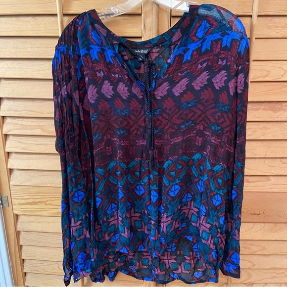 LUCKY BRAND Women’s Black Geometric Print Sheer Blouson Top Size XL Boho Light - Picture 9 of 10